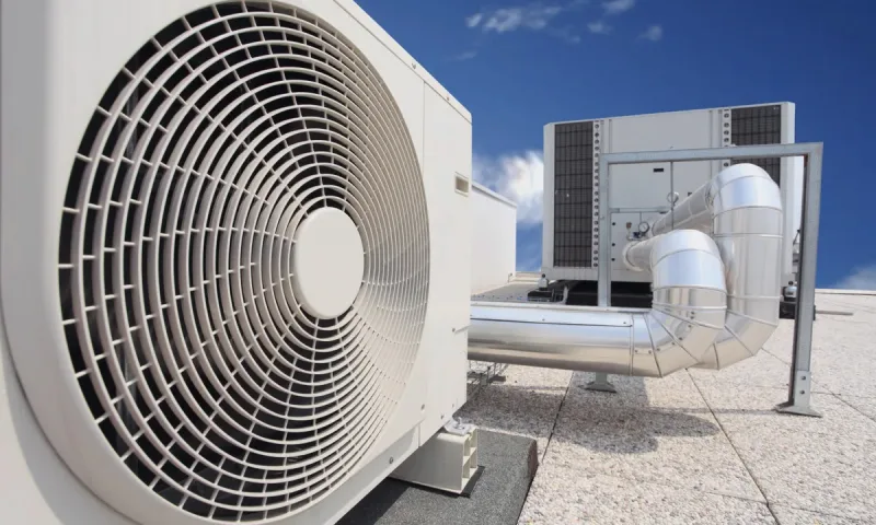 Outdoor HVAC equipment and ducts on a rooftop