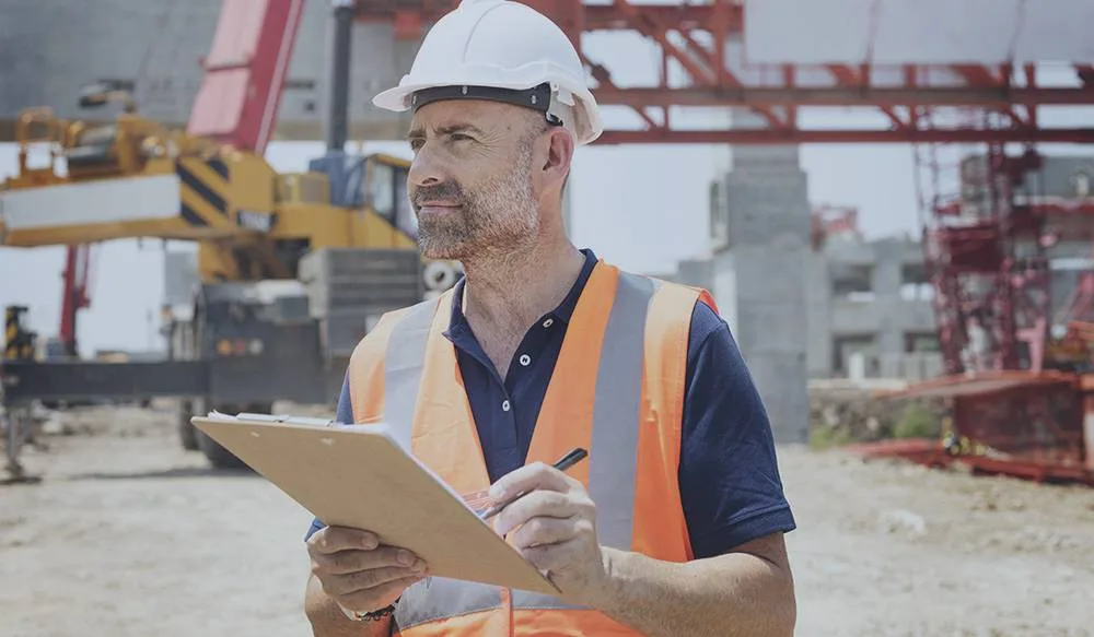 Construction worker reviewing documents at a building site